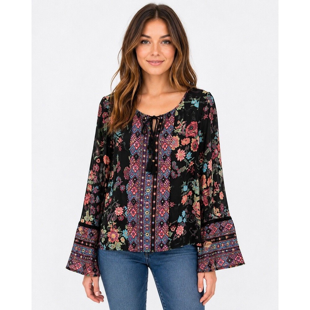 American Rag Cie Boho Floral Peasant Blouse Womens Small Black Bell Sleeve
